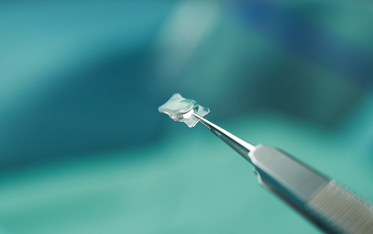 Eine chirurgische Pinzette hält eine feine, transparente Intraokularlinse für eine Augenoperation vor einem türkis-blauen Hintergrund.